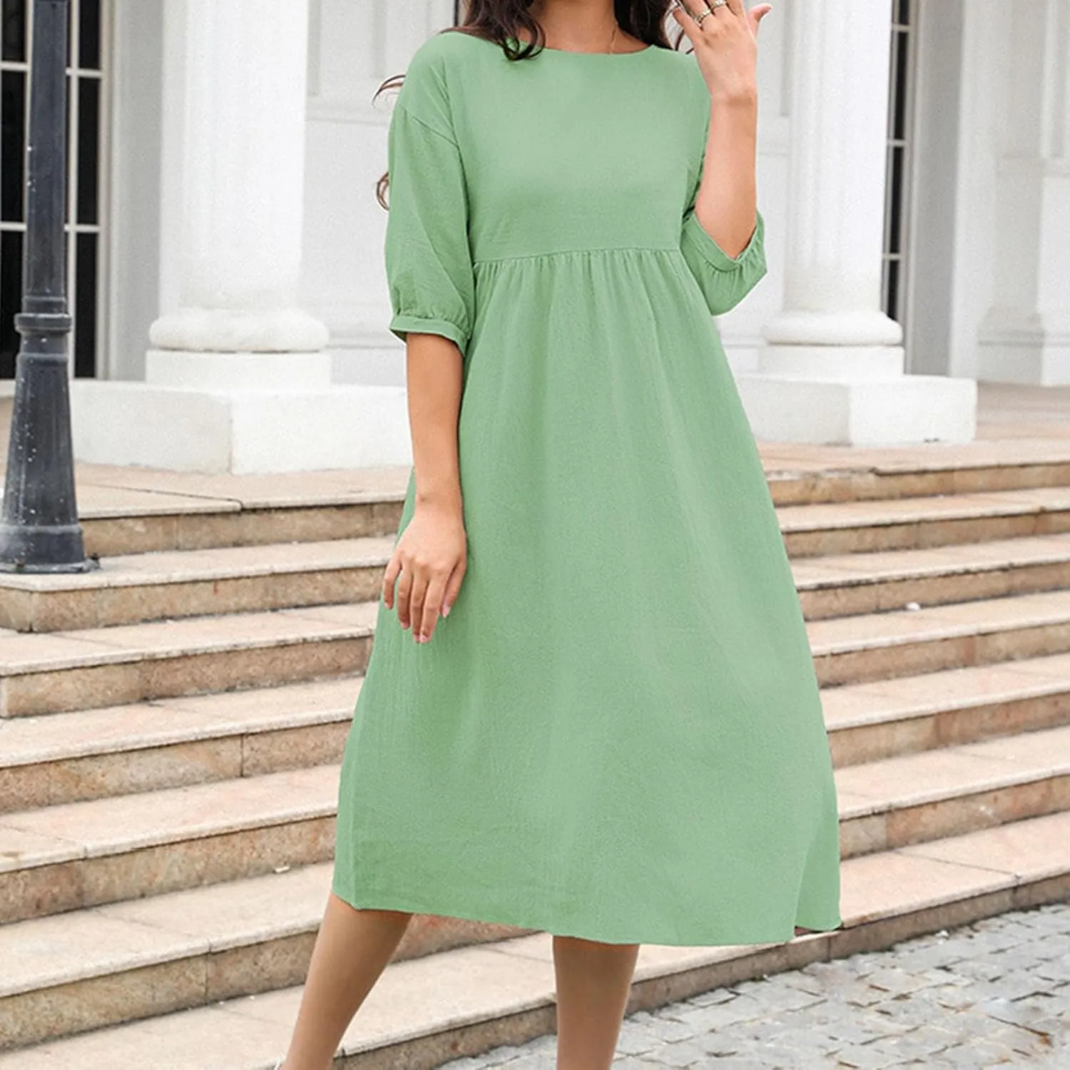 Cotton Linen Midi Dresses Women's Casual Loose Summer Short Sleeve Beach Vacation Dress Trendy Plain Tunic Sundresses