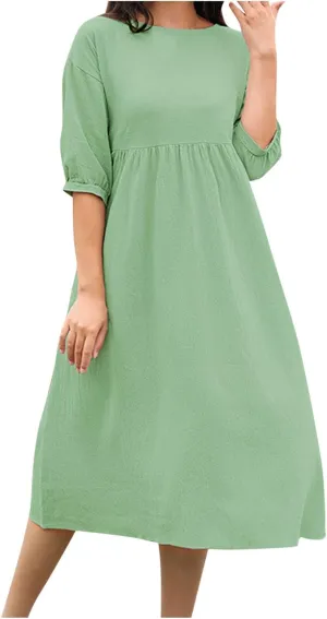 Cotton Linen Midi Dresses Women's Casual Loose Summer Short Sleeve Beach Vacation Dress Trendy Plain Tunic Sundresses