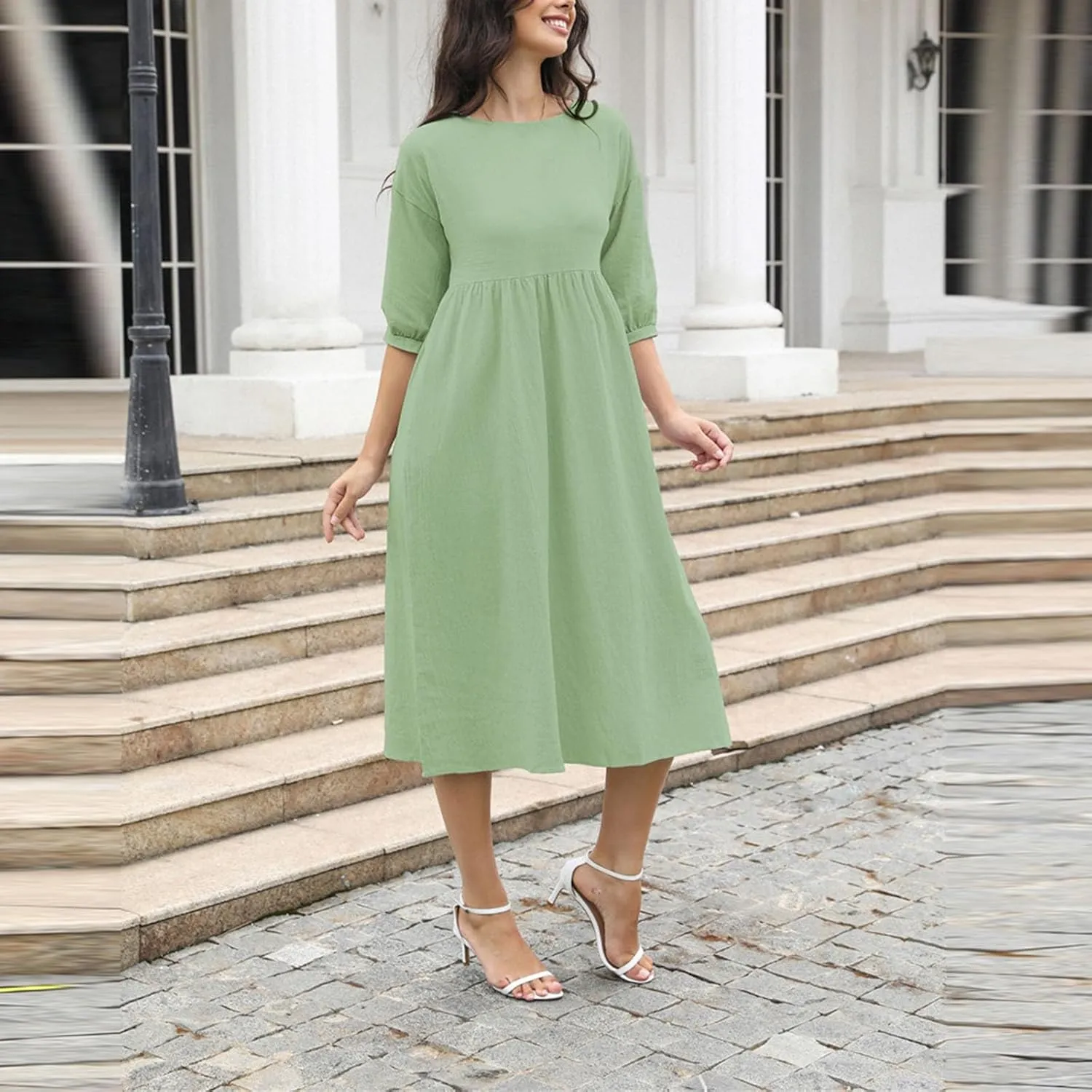 Cotton Linen Midi Dresses Women's Casual Loose Summer Short Sleeve Beach Vacation Dress Trendy Plain Tunic Sundresses