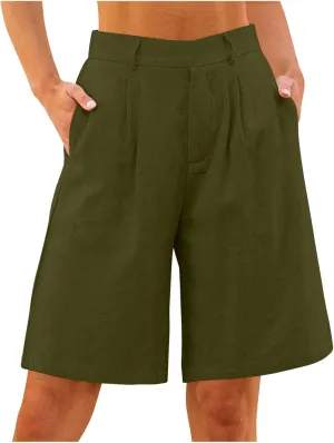 Cotton Linen Womens Bermuda Shorts Dressy Wide Leg Summer Shorts Pleated High Waisted Baggy Knee Length Short Pants