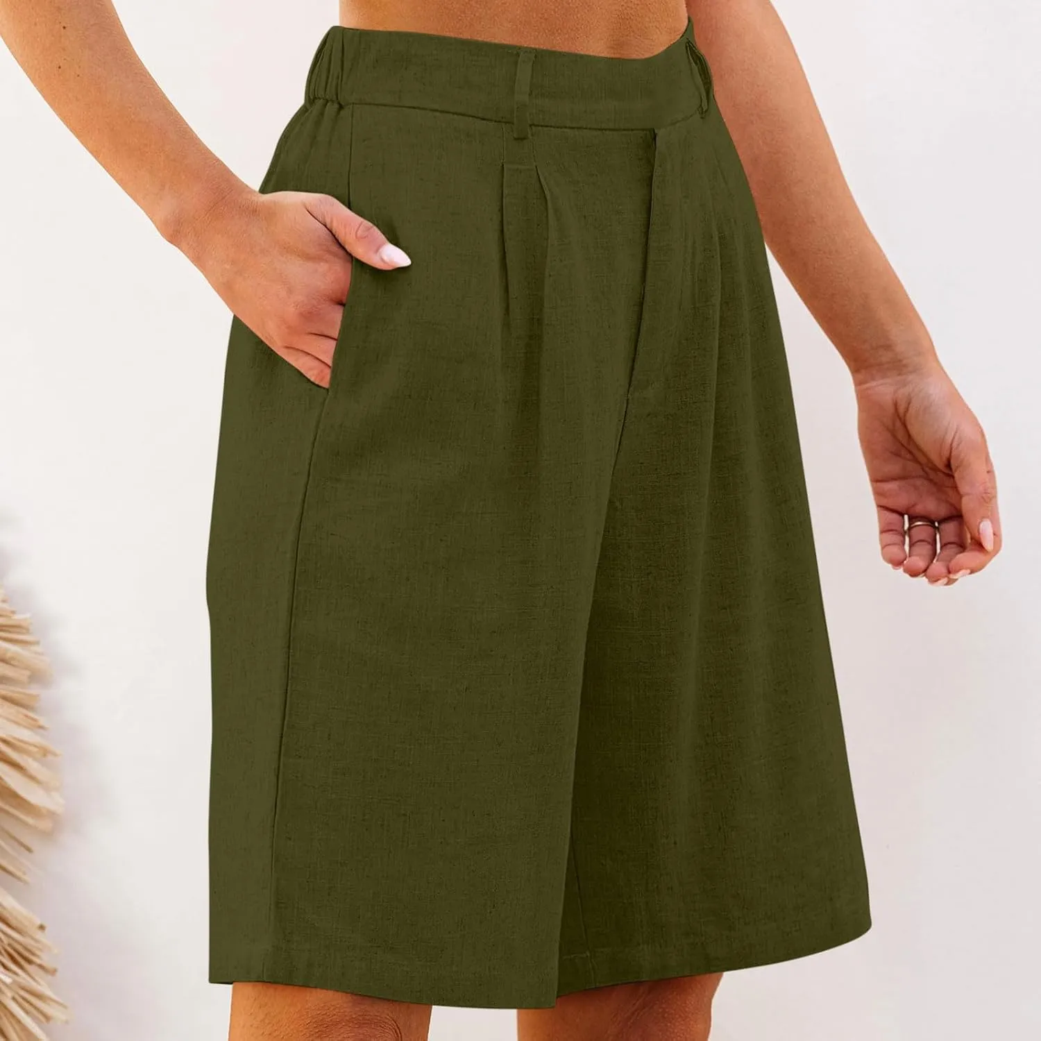 Cotton Linen Womens Bermuda Shorts Dressy Wide Leg Summer Shorts Pleated High Waisted Baggy Knee Length Short Pants