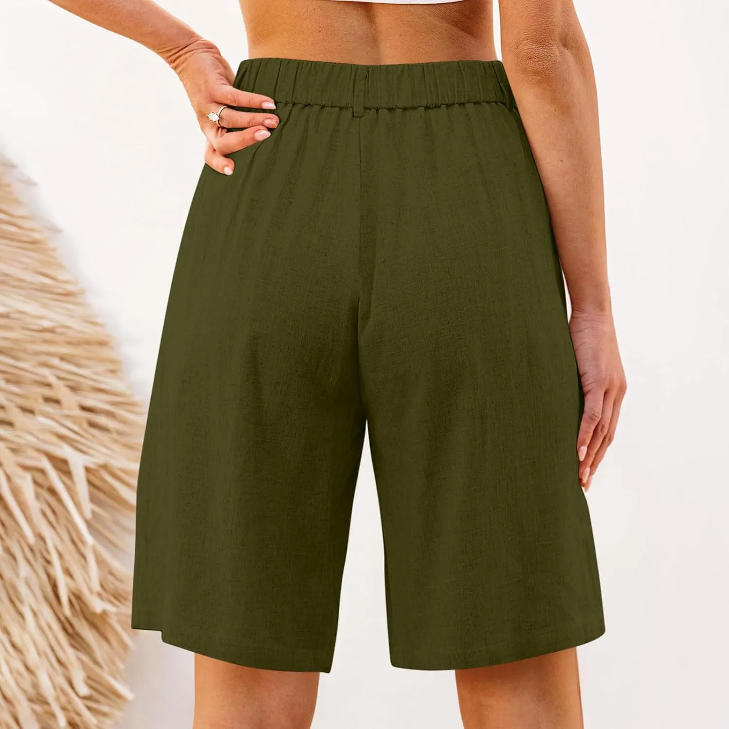 Cotton Linen Womens Bermuda Shorts Dressy Wide Leg Summer Shorts Pleated High Waisted Baggy Knee Length Short Pants