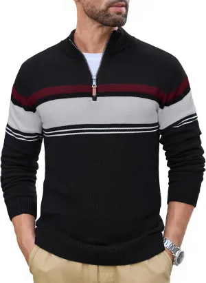 CRYSULLY Mens Sweater 1/4 Zip Cotton Polo Pullover Sweaters Casual Fall Winter Spring Striped Sweatshirts