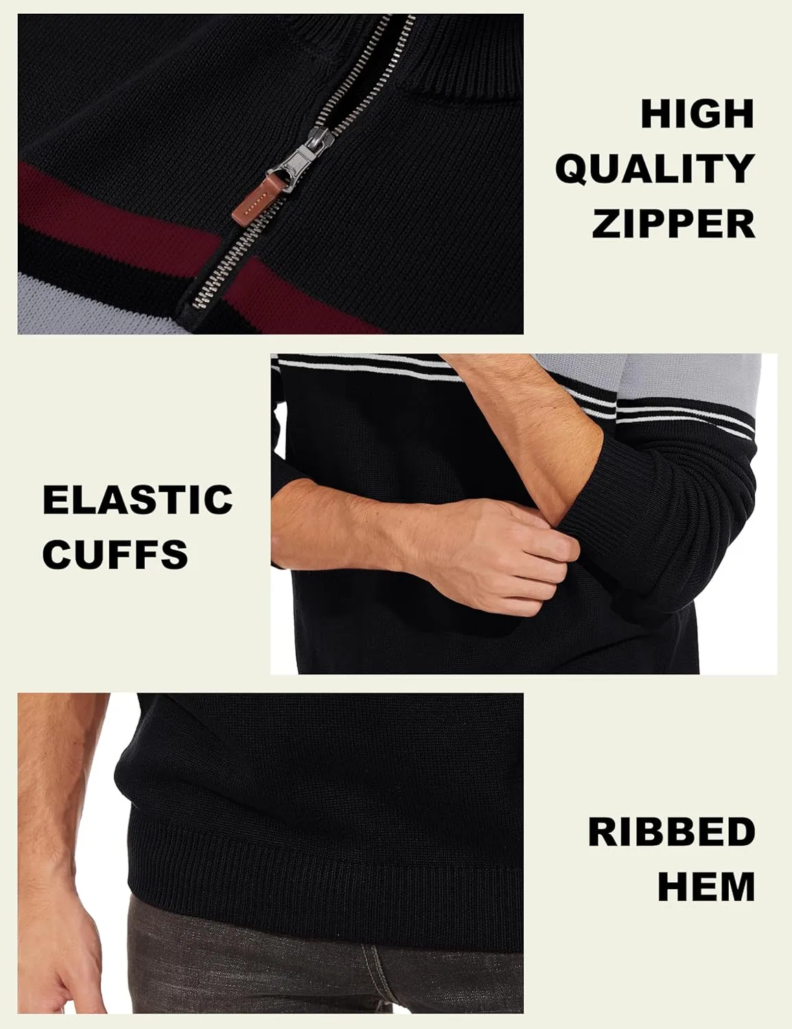 CRYSULLY Mens Sweater 1/4 Zip Cotton Polo Pullover Sweaters Casual Fall Winter Spring Striped Sweatshirts