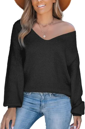 CUPSHE Women's Long Sleeve Sweater V Neck 2024 Fall Bow Oversized Pullover Tops