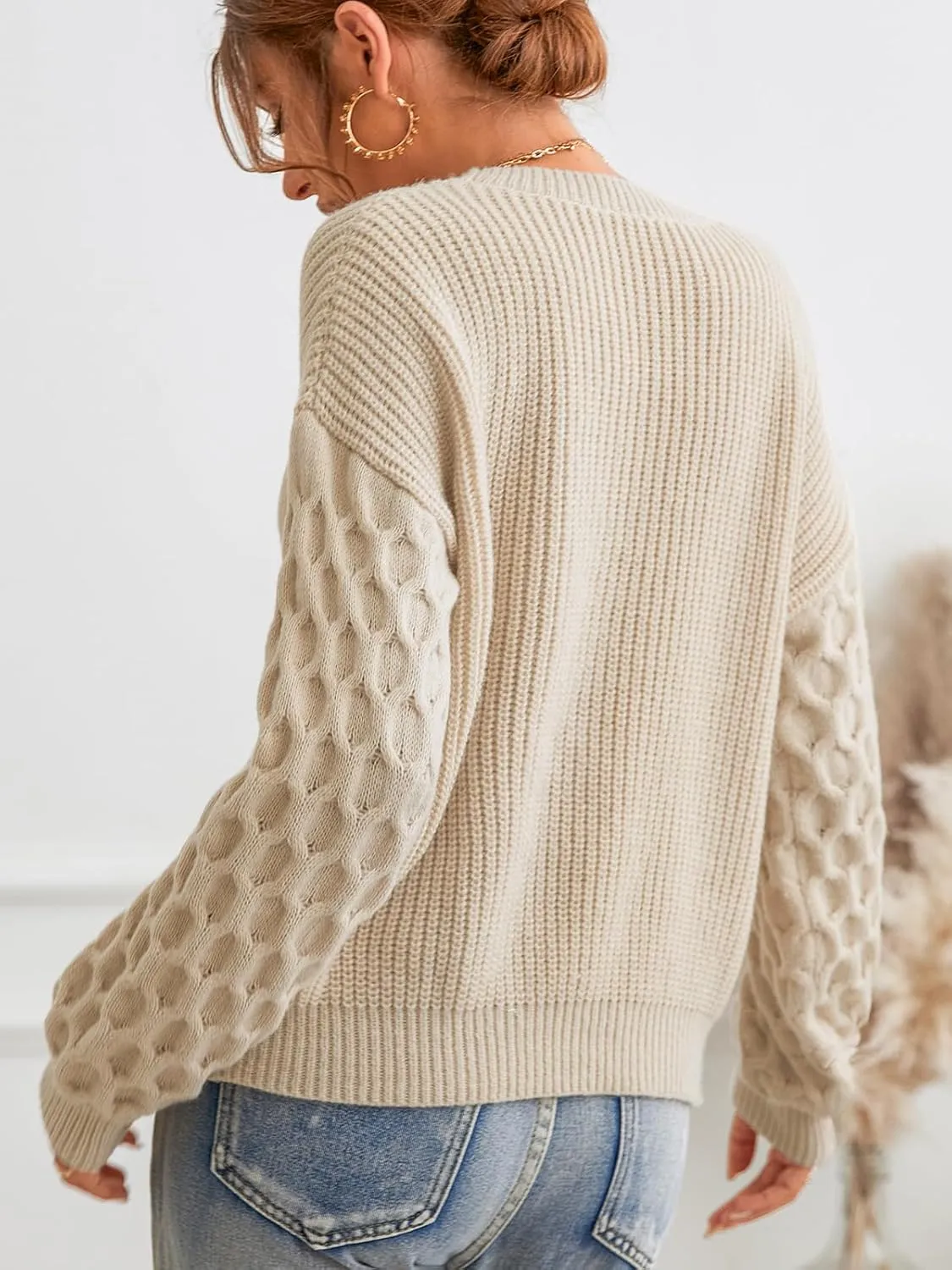 CUPSHE Women's Sweater Long Sleeve Crewneck Sweaters Cable Knit Jumper Tops