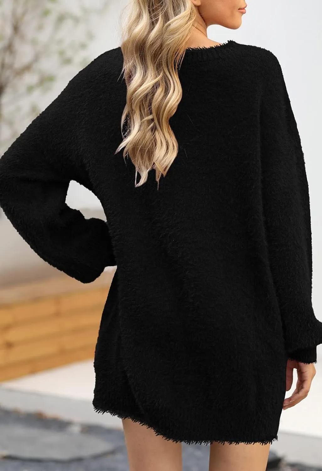 Cutiefox Women's Furry Oversized Crew Neck Pullover Sweater Mini Dress