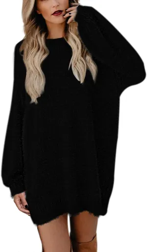 Cutiefox Women's Furry Oversized Crew Neck Pullover Sweater Mini Dress