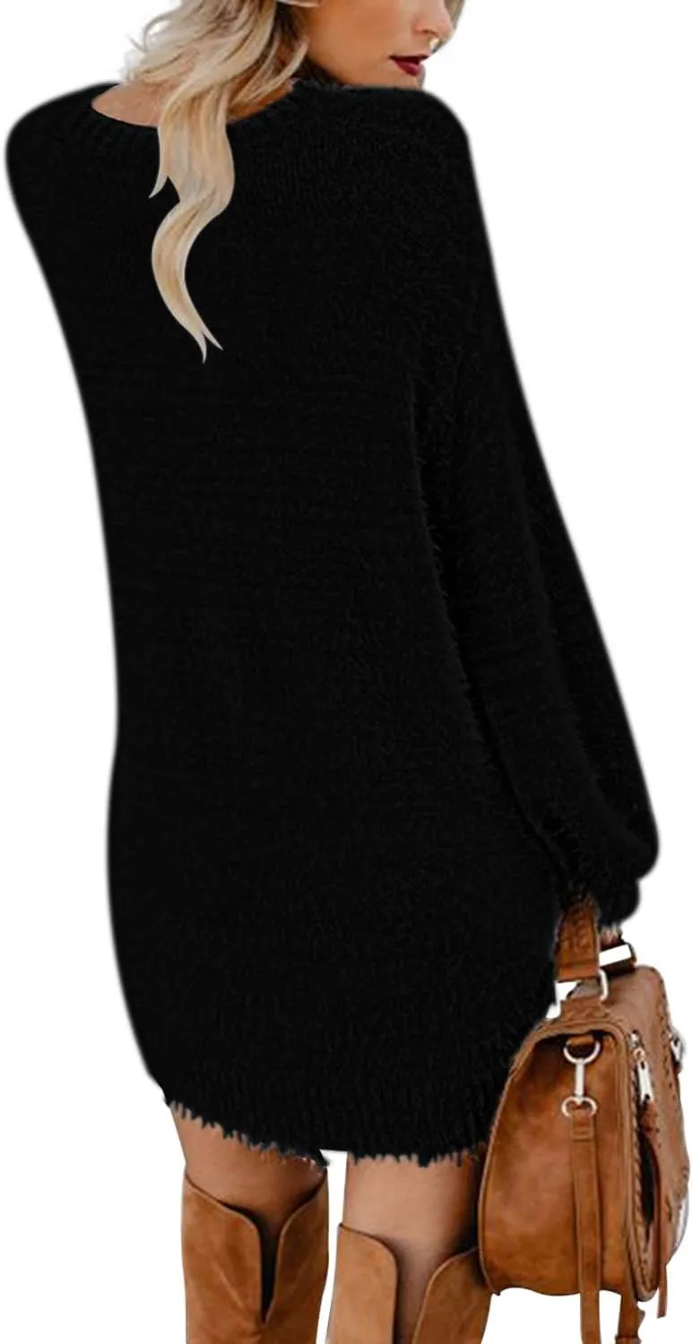 Cutiefox Women's Furry Oversized Crew Neck Pullover Sweater Mini Dress