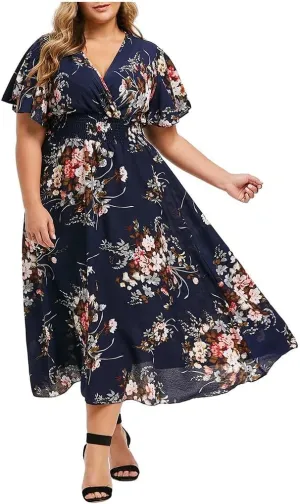 DASAYO Floral Dresses for Women Summer Casual Swing Chiffon Dress Short Sleeve Elastic Waist Wrap Plus Size Midi Sundress