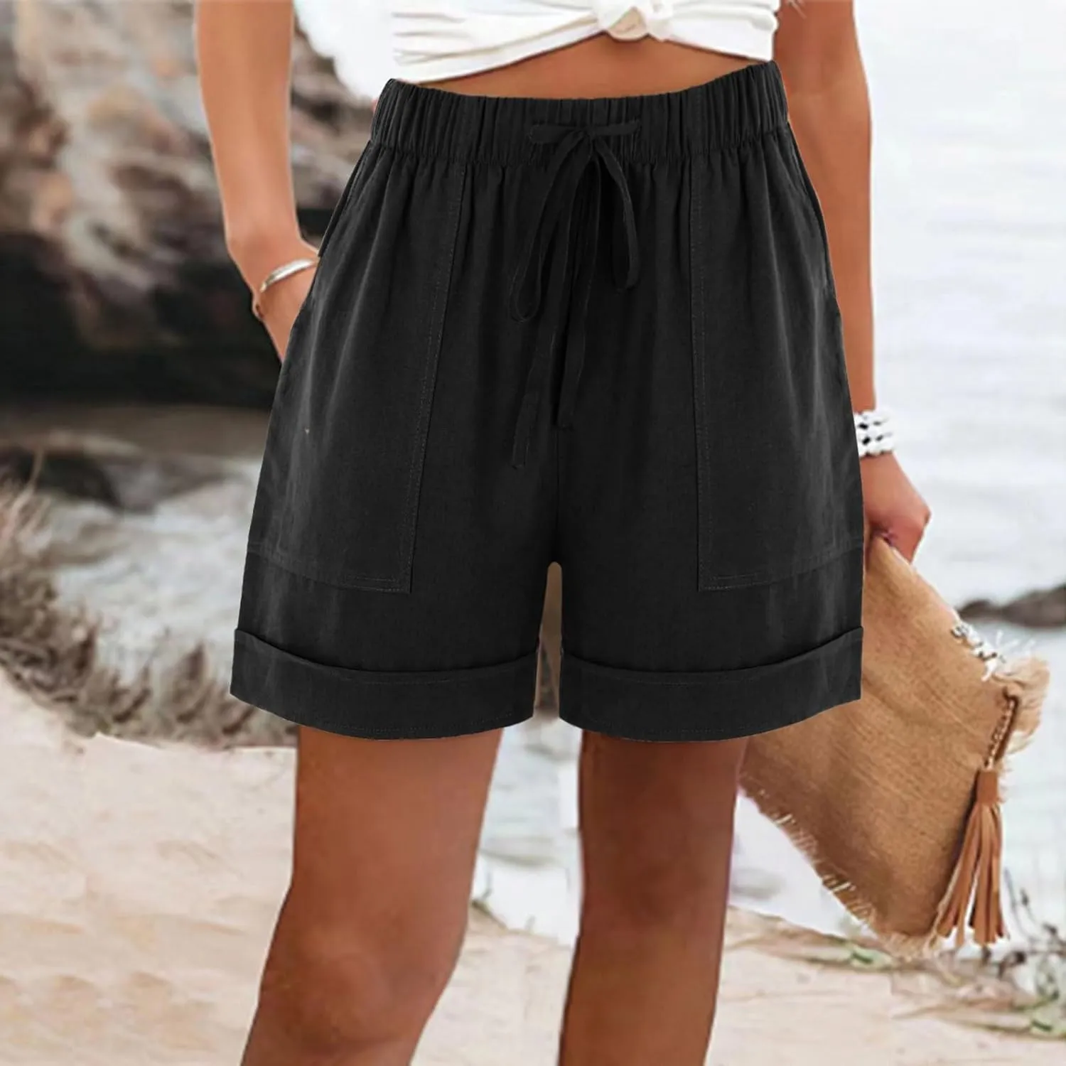 DASAYO Summer Casual Wide Leg Shorts for Women Drawstring Elastic Waist Pocketed Short Solid Color Loose Fitt Trendy Trousers