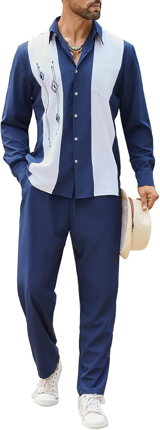 Daupanzees Men's Vintage 2 Piece Set 1950s Retro Bowling Button Down Shirt Outfit Casual Embroidered Shirt and Pant Sets