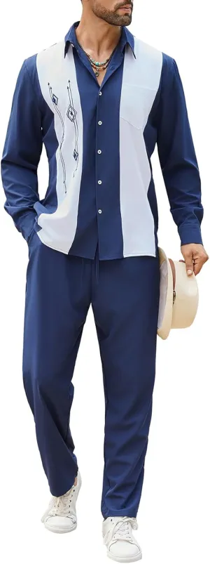 Daupanzees Men's Vintage 2 Piece Set 1950s Retro Bowling Button Down Shirt Outfit Casual Embroidered Shirt and Pant Sets