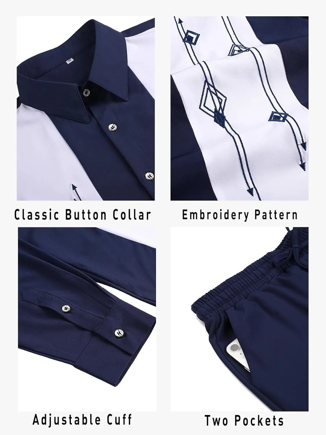 Daupanzees Men's Vintage 2 Piece Set 1950s Retro Bowling Button Down Shirt Outfit Casual Embroidered Shirt and Pant Sets