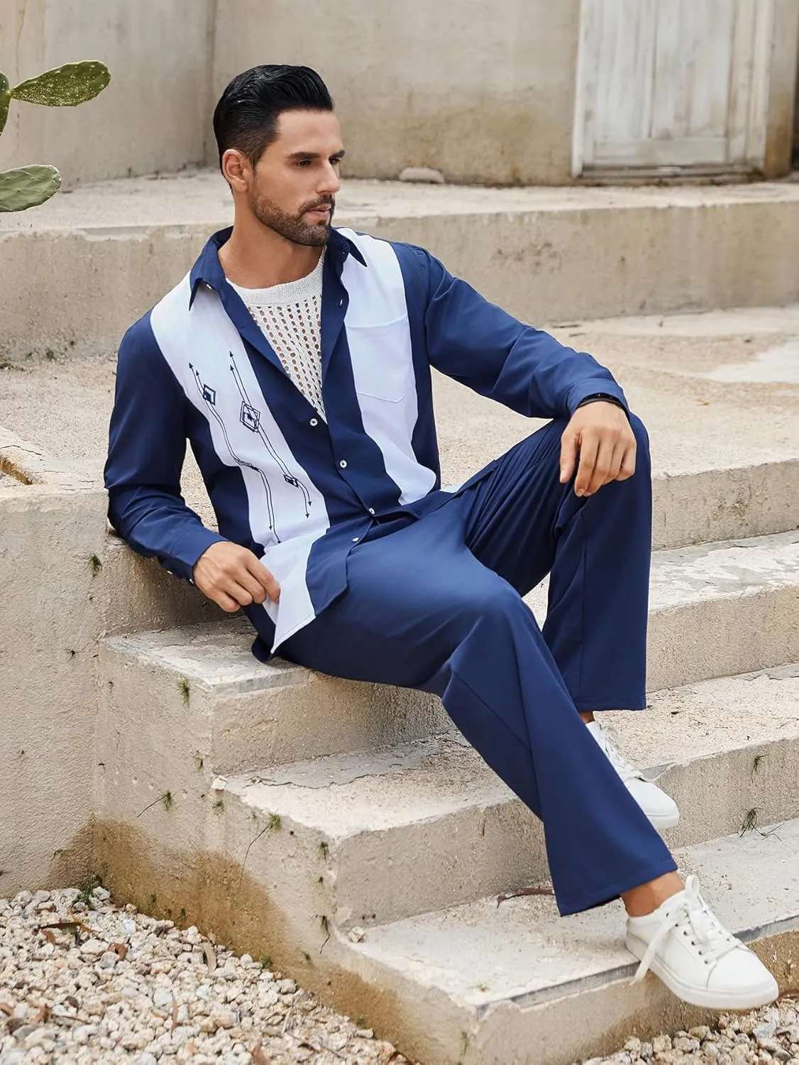 Daupanzees Men's Vintage 2 Piece Set 1950s Retro Bowling Button Down Shirt Outfit Casual Embroidered Shirt and Pant Sets