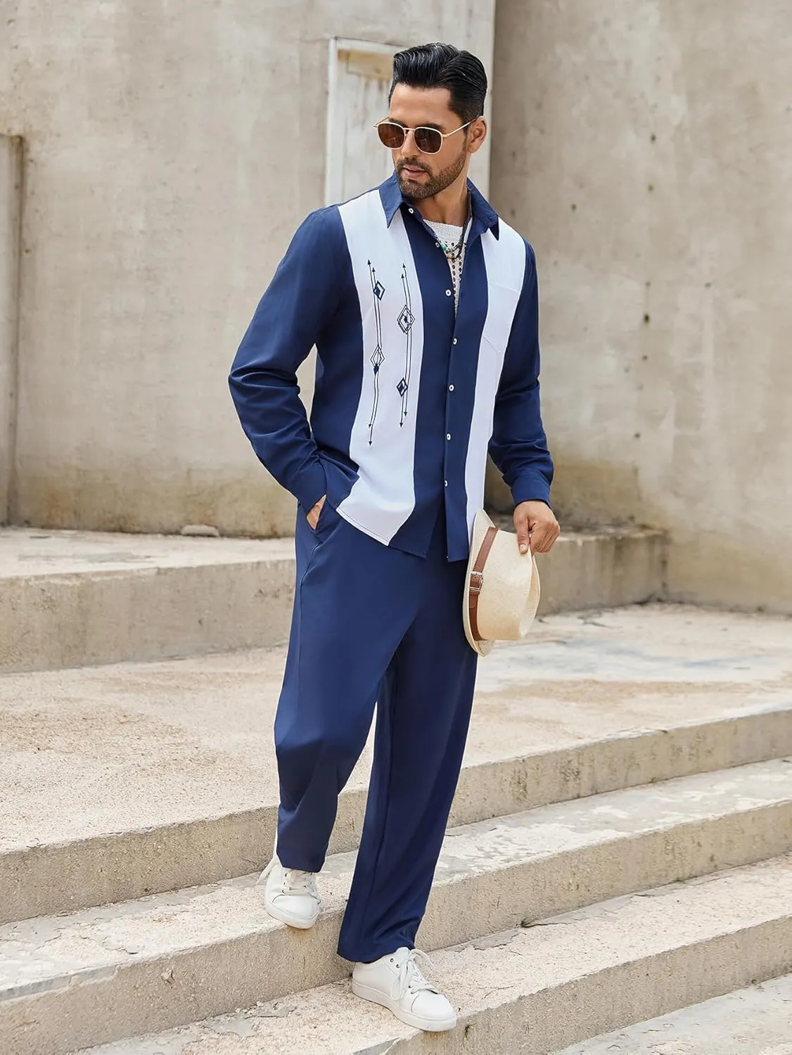 Daupanzees Men's Vintage 2 Piece Set 1950s Retro Bowling Button Down Shirt Outfit Casual Embroidered Shirt and Pant Sets
