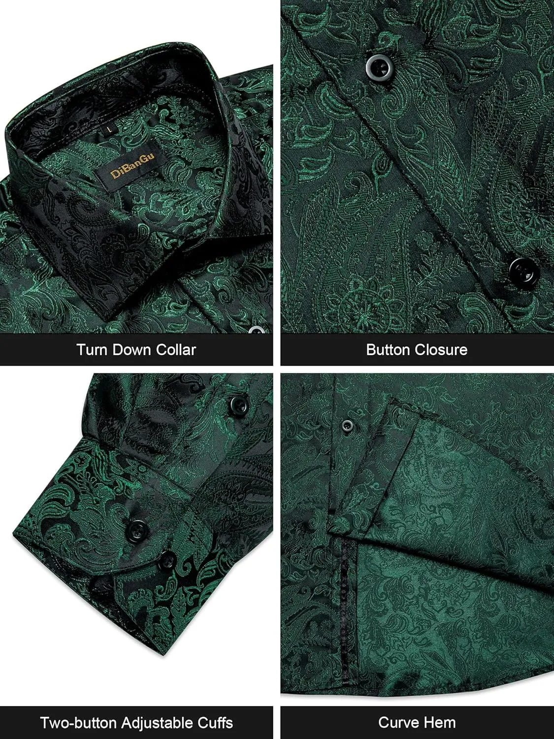 DiBanGu Mens Silk Paisley Dress Shirts,Long Sleeve Button Down Shirt Casual Regular Fit Shirt for Men Wedding Party