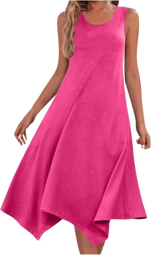 Dresses for Women 2024 Casual Summer Sleeveless Crewneck Sexy Beach Tank Dress Fashion Flowy Swing Sundresses