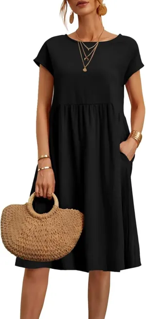 Dresses for Women 2024 Summer Casual Plus Size Short Sleeve Linen Midi Dress Trendy Loose Beach Sundress with Pockets