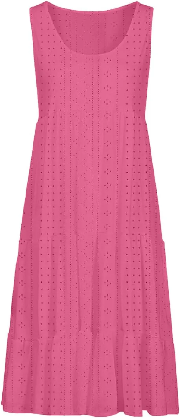 Dresses for Women Summer Casual Hollow Out Breathable Beach Sundresses Loose Fit Sleeveless Round Neck Vacation Dress