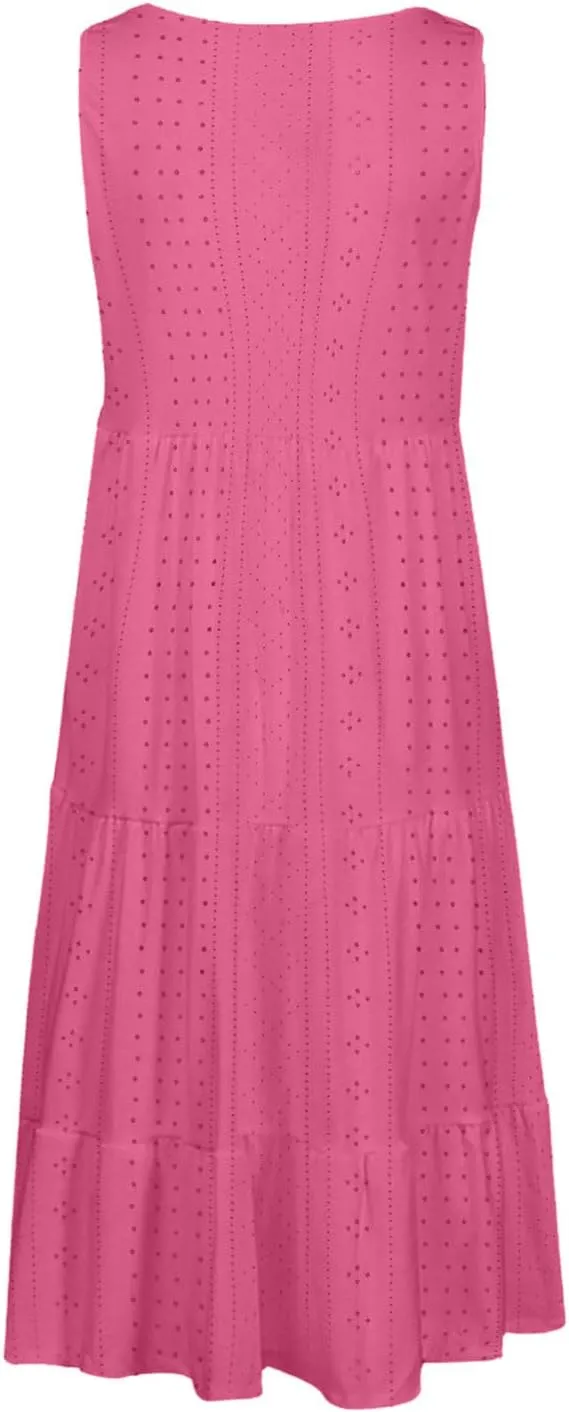 Dresses for Women Summer Casual Hollow Out Breathable Beach Sundresses Loose Fit Sleeveless Round Neck Vacation Dress