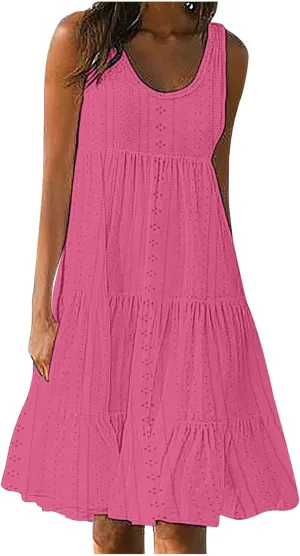 Dresses for Women Summer Casual Hollow Out Breathable Beach Sundresses Loose Fit Sleeveless Round Neck Vacation Dress