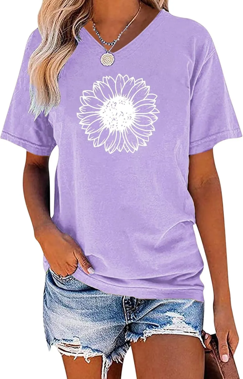 EADINVE Women's Short Sleeve V Neck Sunflower Graphic Printed Summer Tee Vintage T Shirt Cotton Tops Novelty Cool Shirt