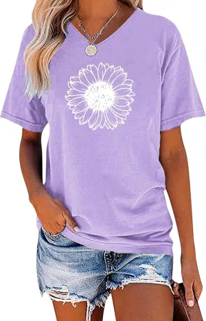 EADINVE Women's Short Sleeve V Neck Sunflower Graphic Printed Summer Tee Vintage T Shirt Cotton Tops Novelty Cool Shirt