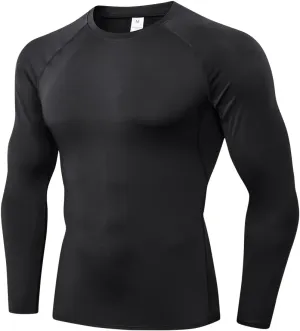 EARGFM Men's Compression Shirt Long Sleeve Athletic Base Layer Cool Dry Trainning Workout Running T-Shirt, Black-1, Medium