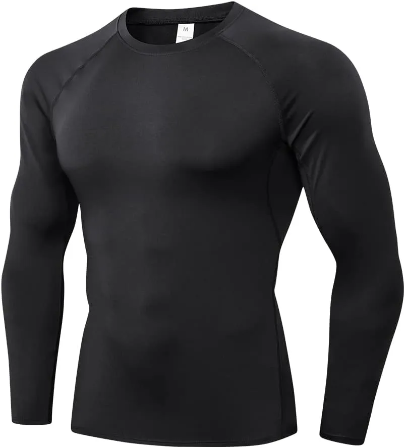 EARGFM Men's Compression Shirt Long Sleeve Athletic Base Layer Cool Dry Trainning Workout Running T-Shirt, Black-1, Medium