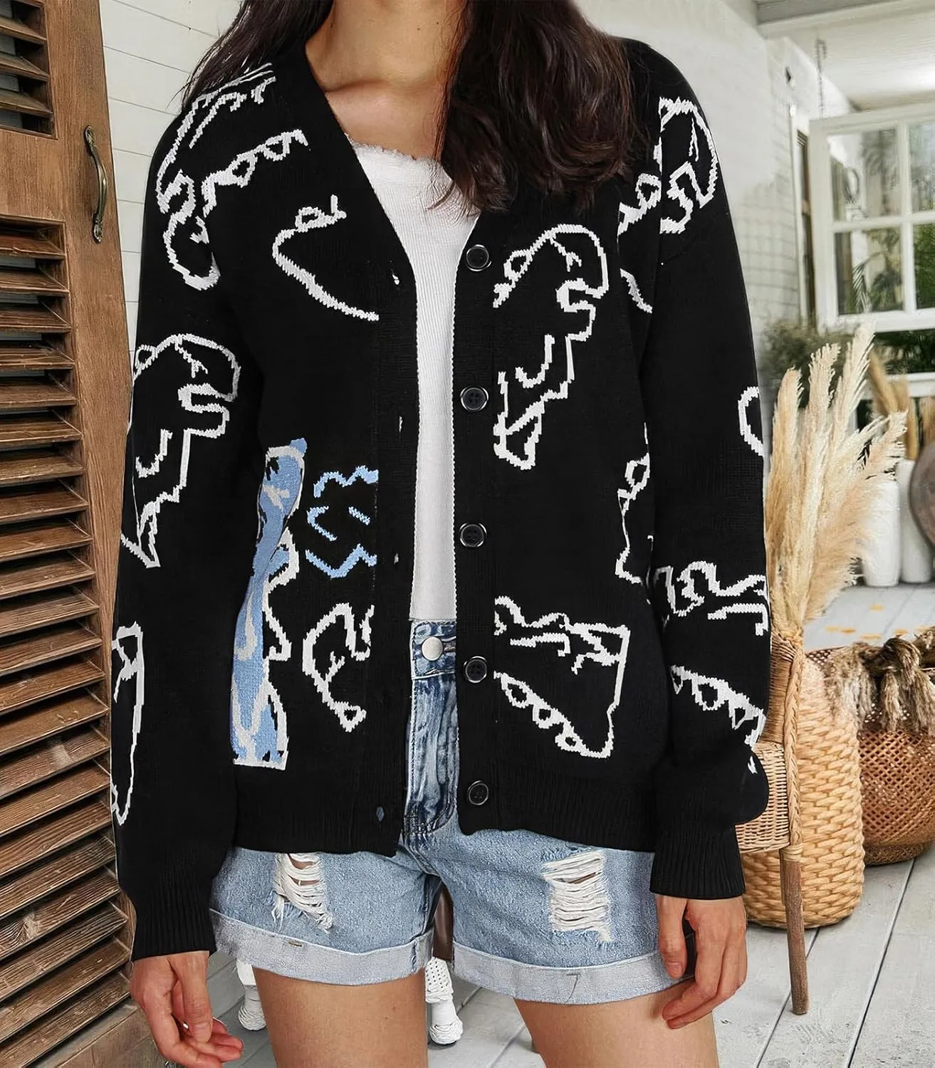 ebossy Women's Cartoon Dinosaur Button Cardigans Cute Slouchy Jacquard Knit Long Sleeve Open Sweater Coat