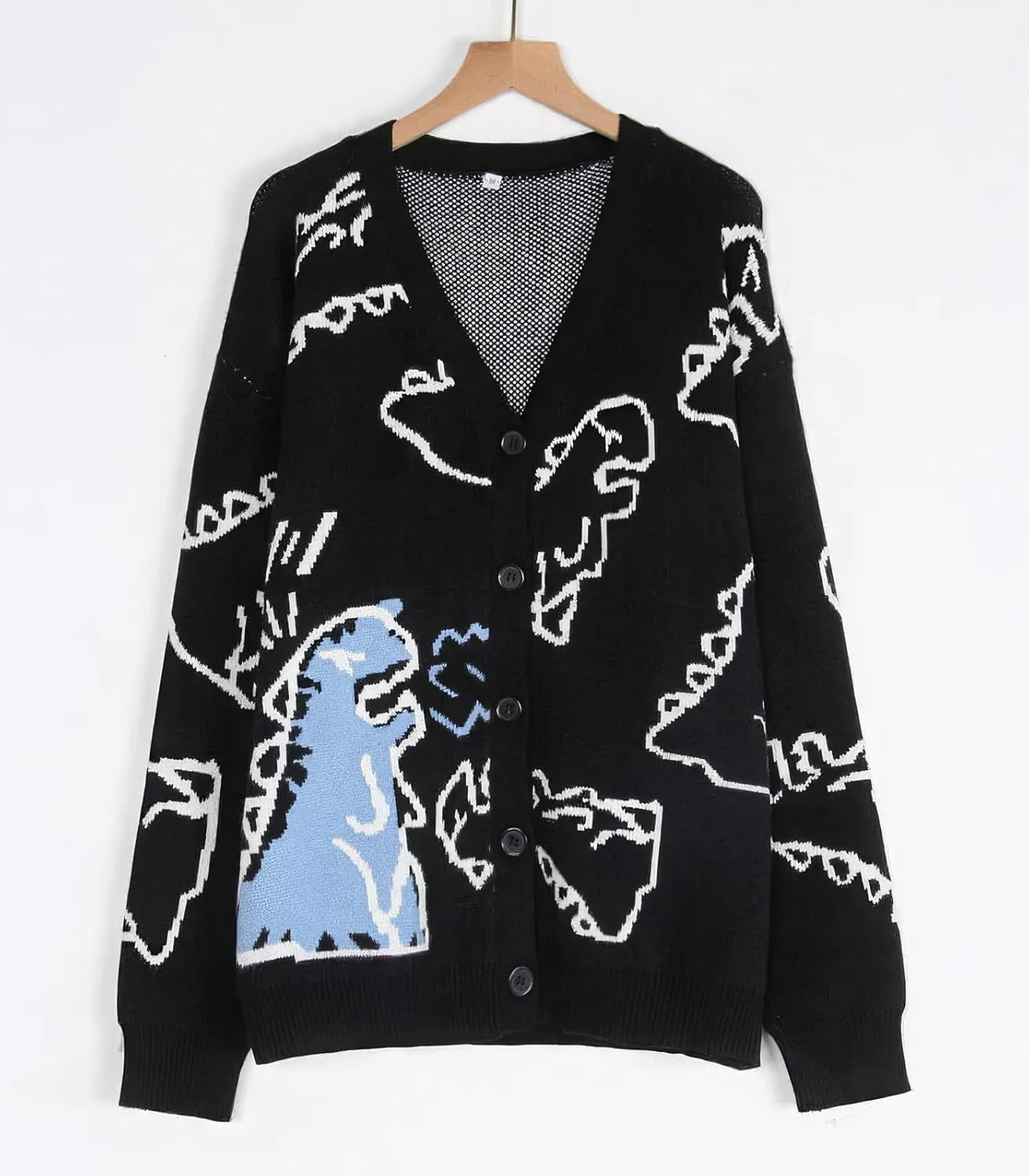 ebossy Women's Cartoon Dinosaur Button Cardigans Cute Slouchy Jacquard Knit Long Sleeve Open Sweater Coat