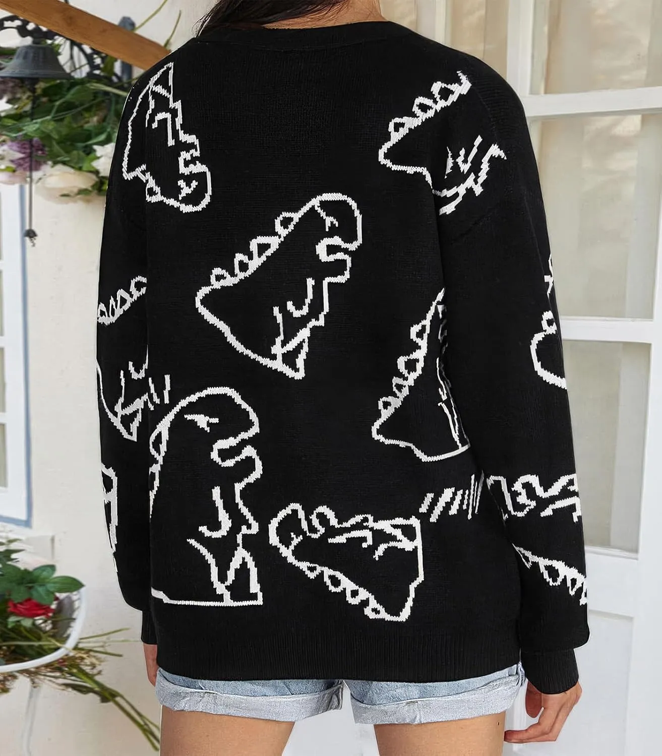 ebossy Women's Cartoon Dinosaur Button Cardigans Cute Slouchy Jacquard Knit Long Sleeve Open Sweater Coat