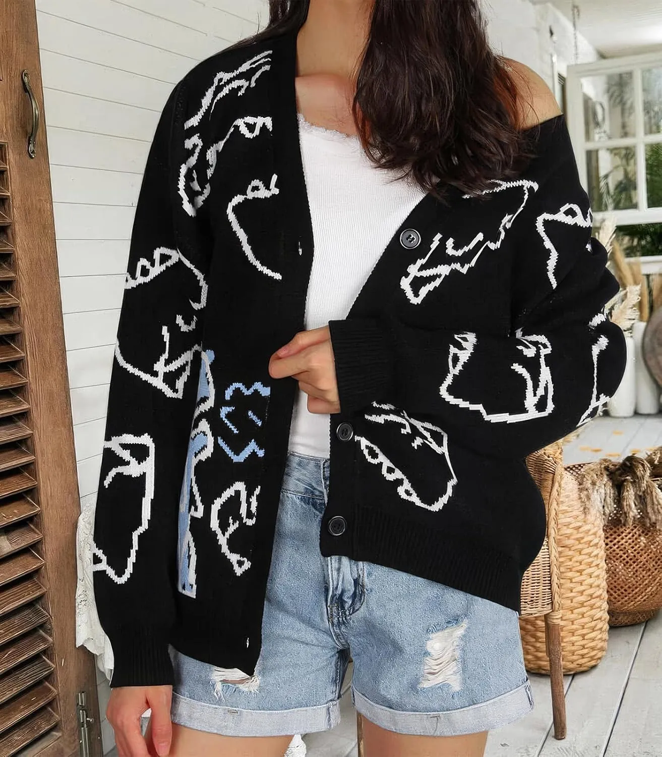 ebossy Women's Cartoon Dinosaur Button Cardigans Cute Slouchy Jacquard Knit Long Sleeve Open Sweater Coat