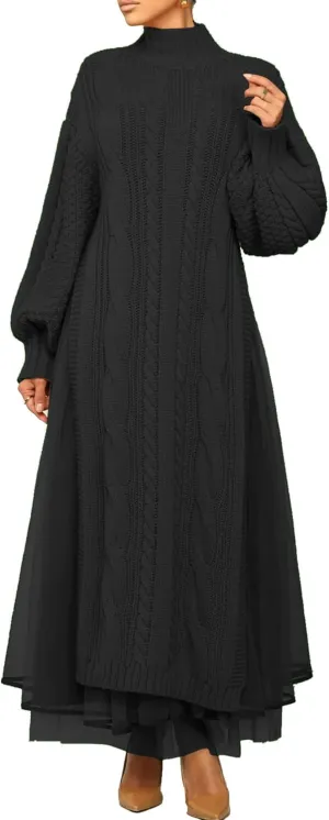 Ecirod Women High Neck Puff Sleeve Cable Knit Sweater Maxi Dress Double Slit Long Dresses with Mesh Skirt