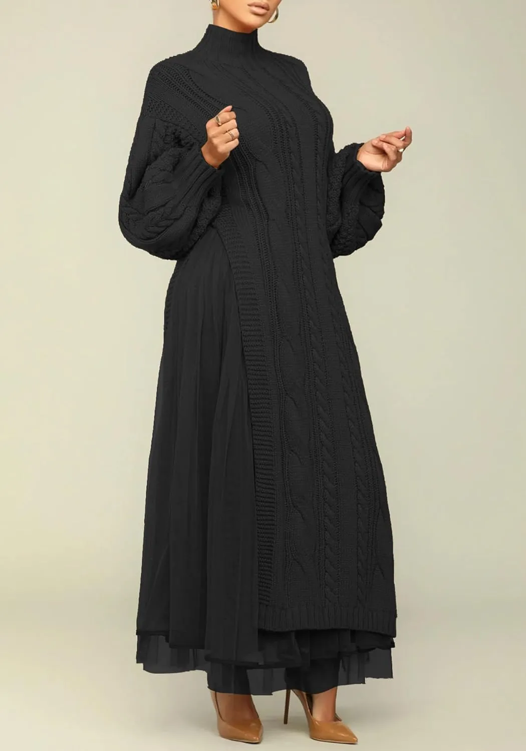 Ecirod Women High Neck Puff Sleeve Cable Knit Sweater Maxi Dress Double Slit Long Dresses with Mesh Skirt
