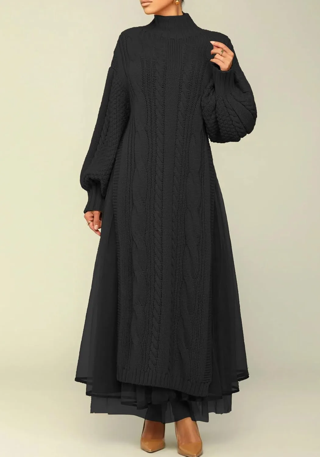 Ecirod Women High Neck Puff Sleeve Cable Knit Sweater Maxi Dress Double Slit Long Dresses with Mesh Skirt
