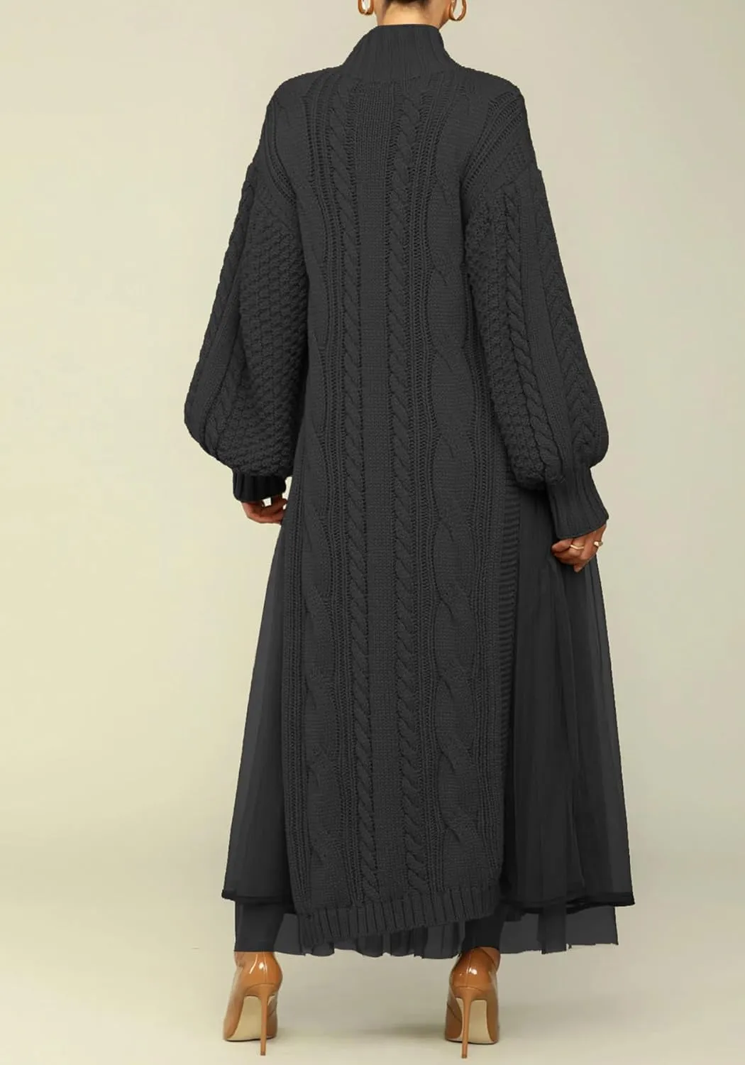 Ecirod Women High Neck Puff Sleeve Cable Knit Sweater Maxi Dress Double Slit Long Dresses with Mesh Skirt