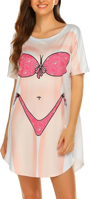 Ekouaer Women's Bikini Shirt Cover Up Short Sleeve Cute Bikini Print Cover-Up Baggy T Shirt Dress Fun Wear