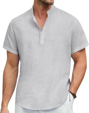 Enlision Mens Cotton Linen Henley Shirts Casual Short Sleeve Shirt Summer Beach Hippie Tshirt Band Collar Shirt for Men