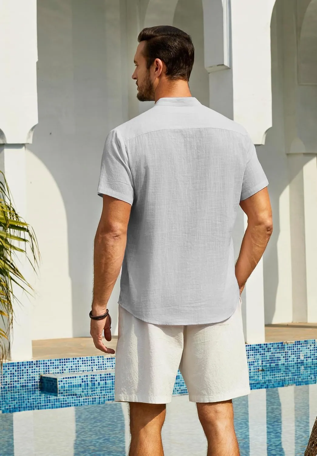 Enlision Mens Cotton Linen Henley Shirts Casual Short Sleeve Shirt Summer Beach Hippie Tshirt Band Collar Shirt for Men