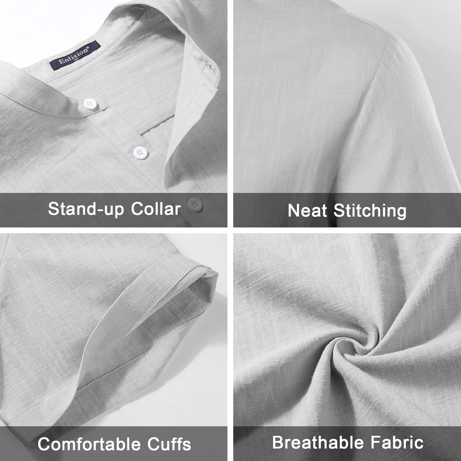 Enlision Mens Cotton Linen Henley Shirts Casual Short Sleeve Shirt Summer Beach Hippie Tshirt Band Collar Shirt for Men