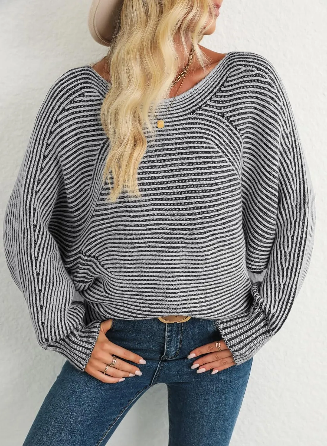 EVALESS Striped Sweaters for Women Boat Neck Batwing Sleeve Oversized Pullover Sweater Tops Womens Fall Clothes Outfits