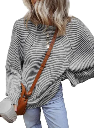 EVALESS Striped Sweaters for Women Boat Neck Batwing Sleeve Oversized Pullover Sweater Tops Womens Fall Clothes Outfits