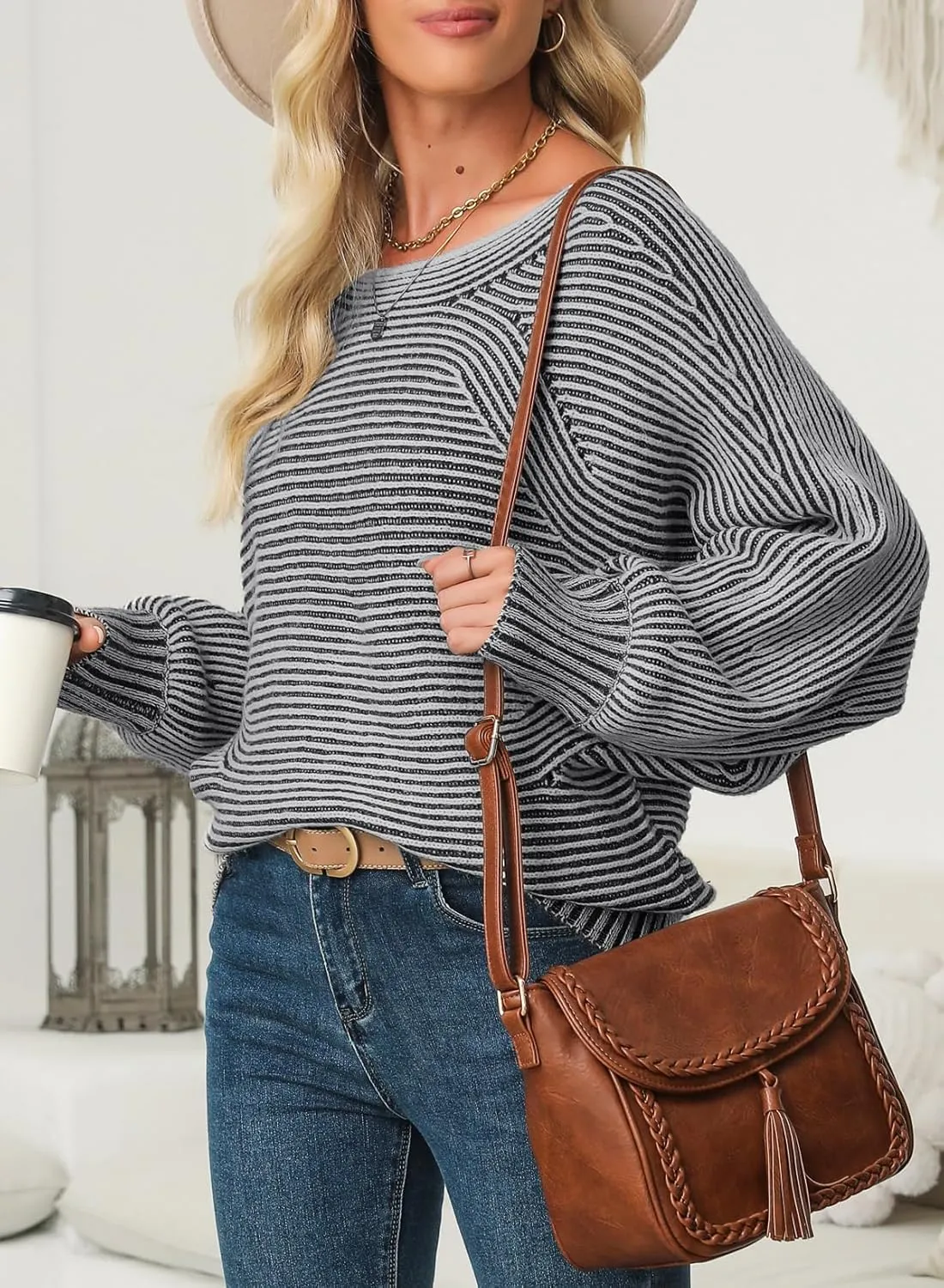 EVALESS Striped Sweaters for Women Boat Neck Batwing Sleeve Oversized Pullover Sweater Tops Womens Fall Clothes Outfits