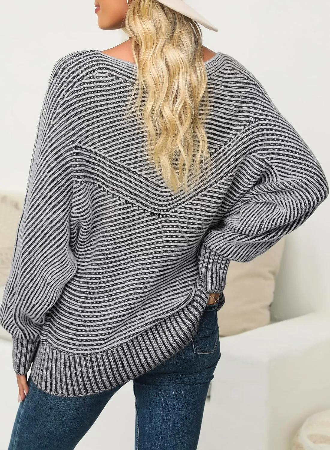 EVALESS Striped Sweaters for Women Boat Neck Batwing Sleeve Oversized Pullover Sweater Tops Womens Fall Clothes Outfits