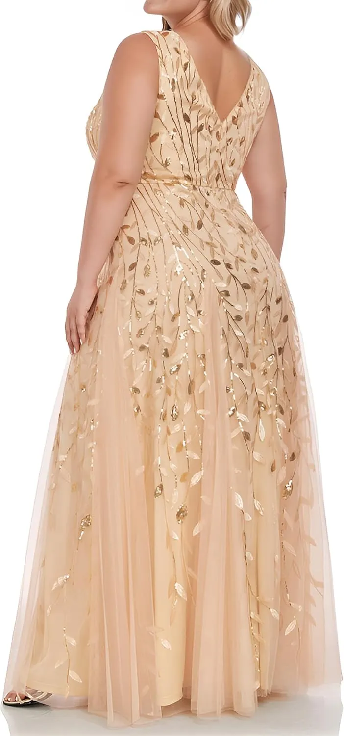 Ever-Pretty Womens Plus Size V Neck A-line Sleeveless Sequin Emboridery Formal Dresses