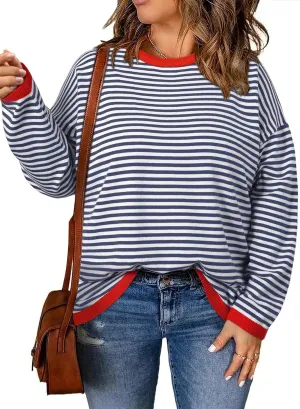 Eytino Plus Size Sweaters for Women Casual Striped Color Block Long Sleeve Round Neck Pullover Jumpers Tops(1X-5X)