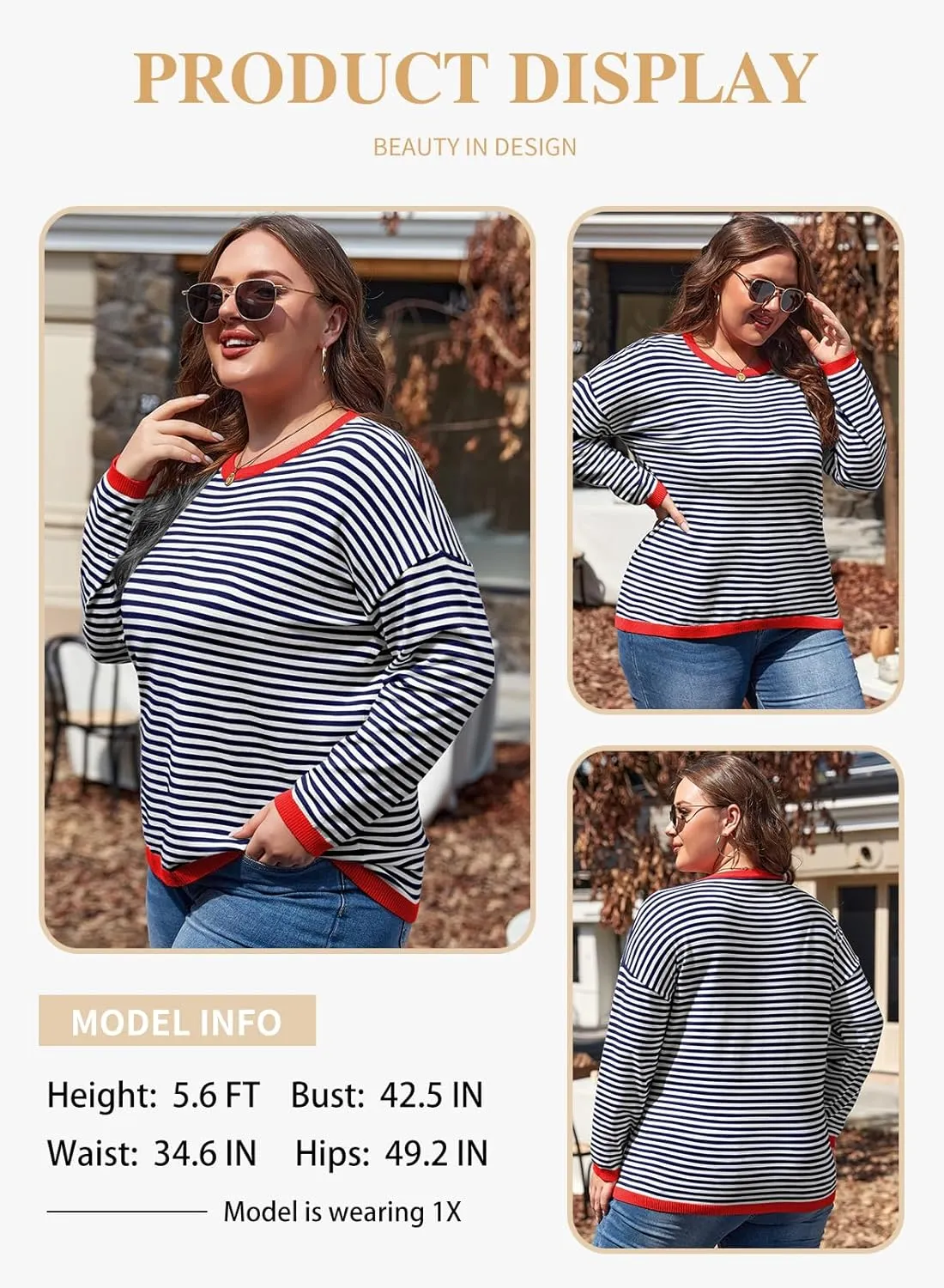Eytino Plus Size Sweaters for Women Casual Striped Color Block Long Sleeve Round Neck Pullover Jumpers Tops(1X-5X)