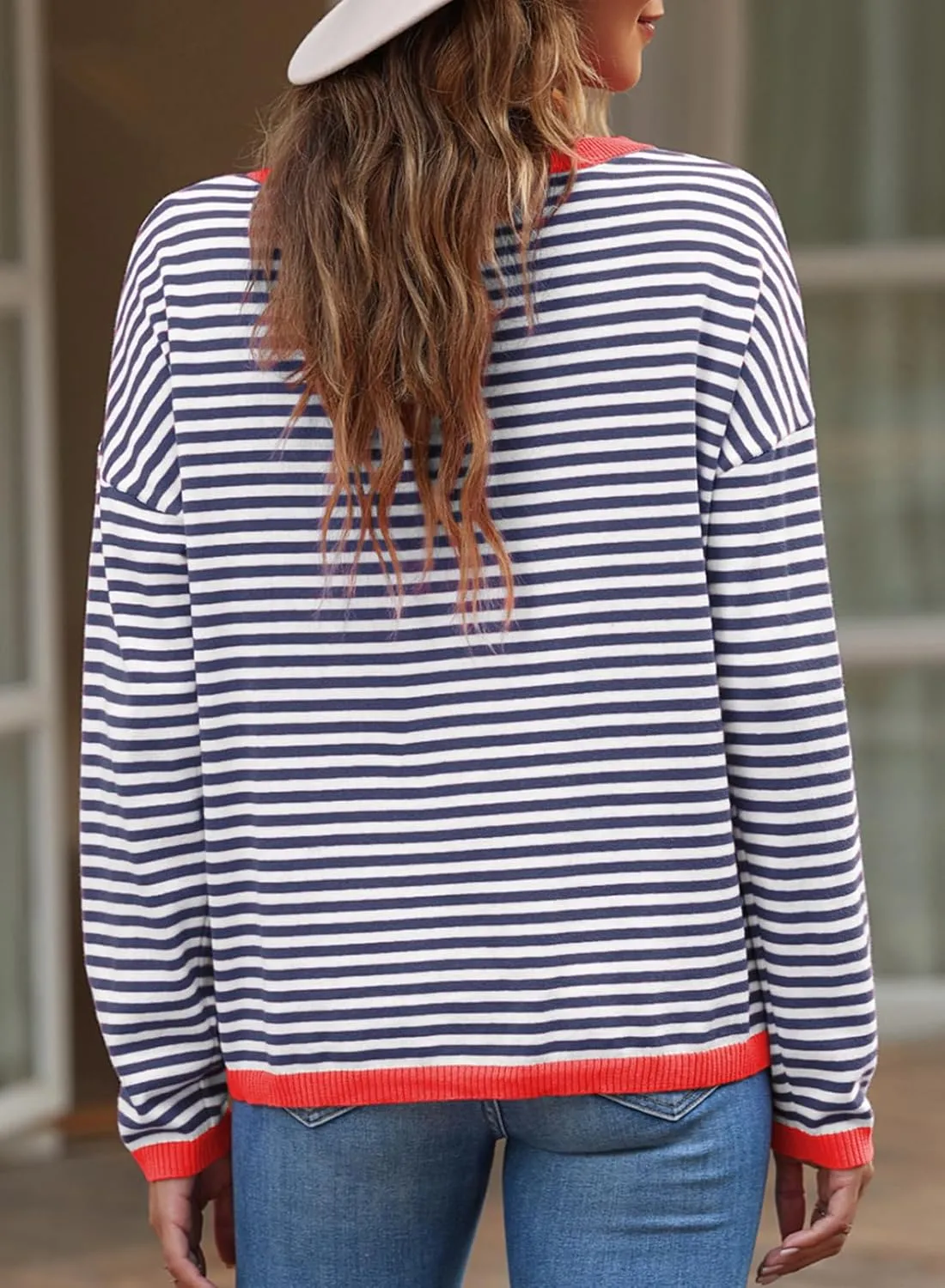 Eytino Plus Size Sweaters for Women Casual Striped Color Block Long Sleeve Round Neck Pullover Jumpers Tops(1X-5X)